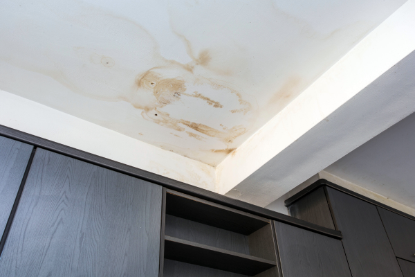 Water stains on a home ceiling above kitchen cabinets indicating water damage